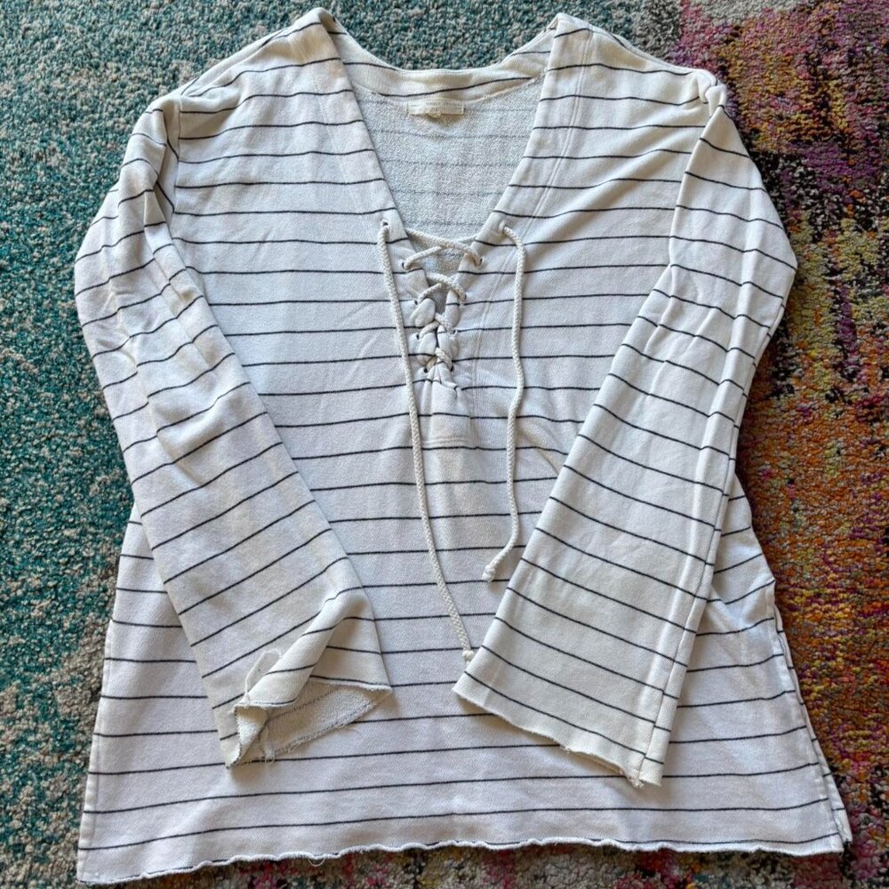 Cream & Black Striped Lace-Up Long Sleeve Top – Soft Knit Casual Boho Coastal Co